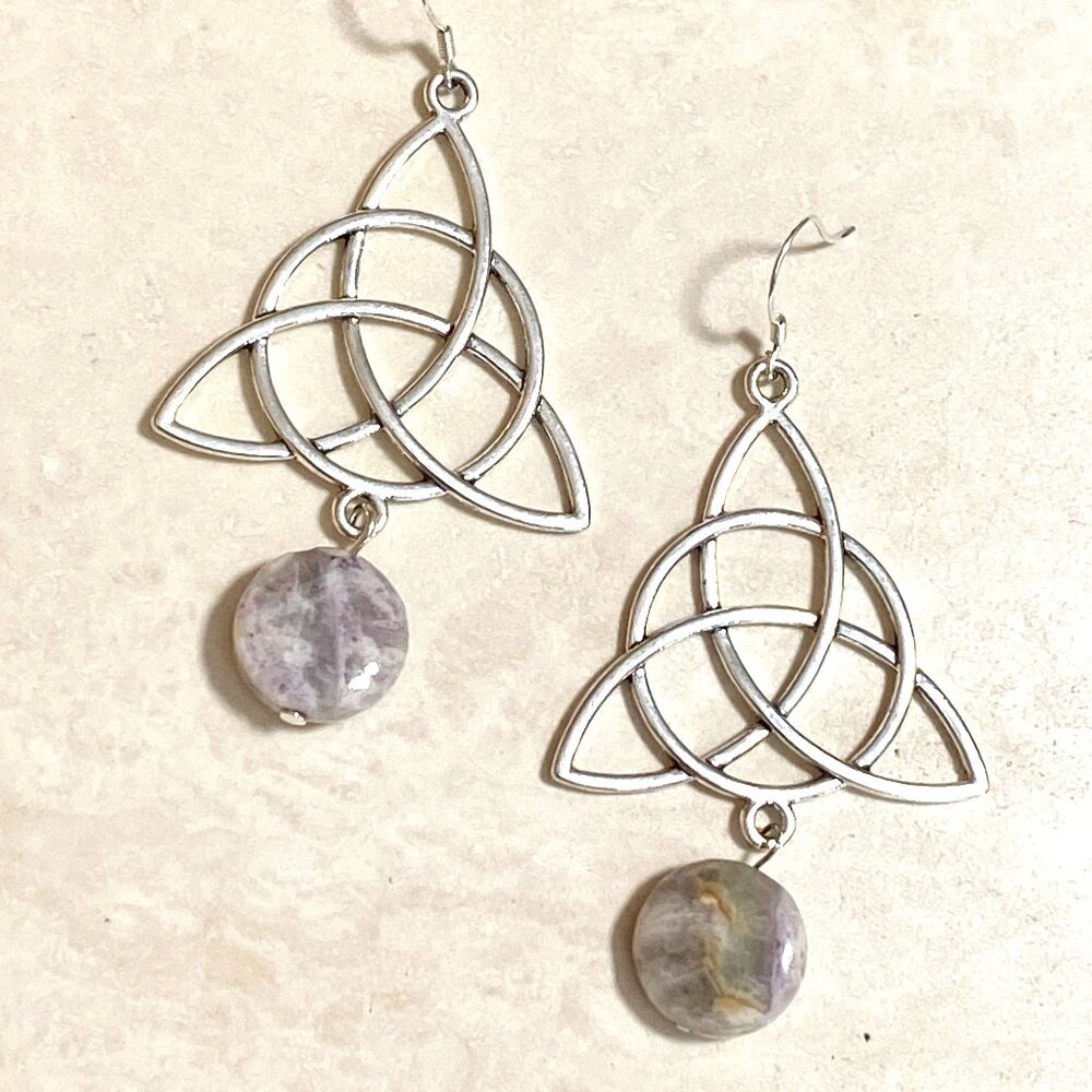 2/$20, Genuine Purple Opalized Fluorite Celtic Trinity Sterling Silver Earrings